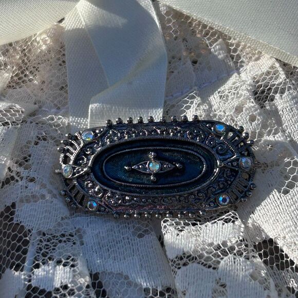 Vintage 1928 Brand Black & Green Enamel Rhinestone Brooch OS Silver-tone Oval - Picture 2 of 8